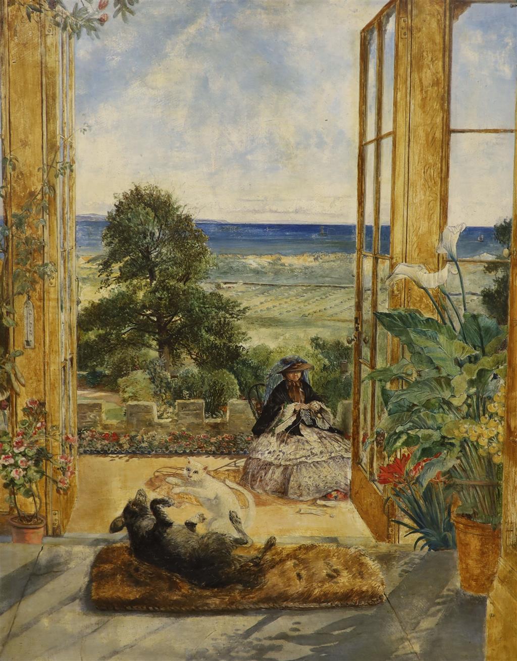 Victorian School, oil on panel, Miss Robson on the terrace of her house, Penally Abbey, Near Tenby, 57 x 45cm